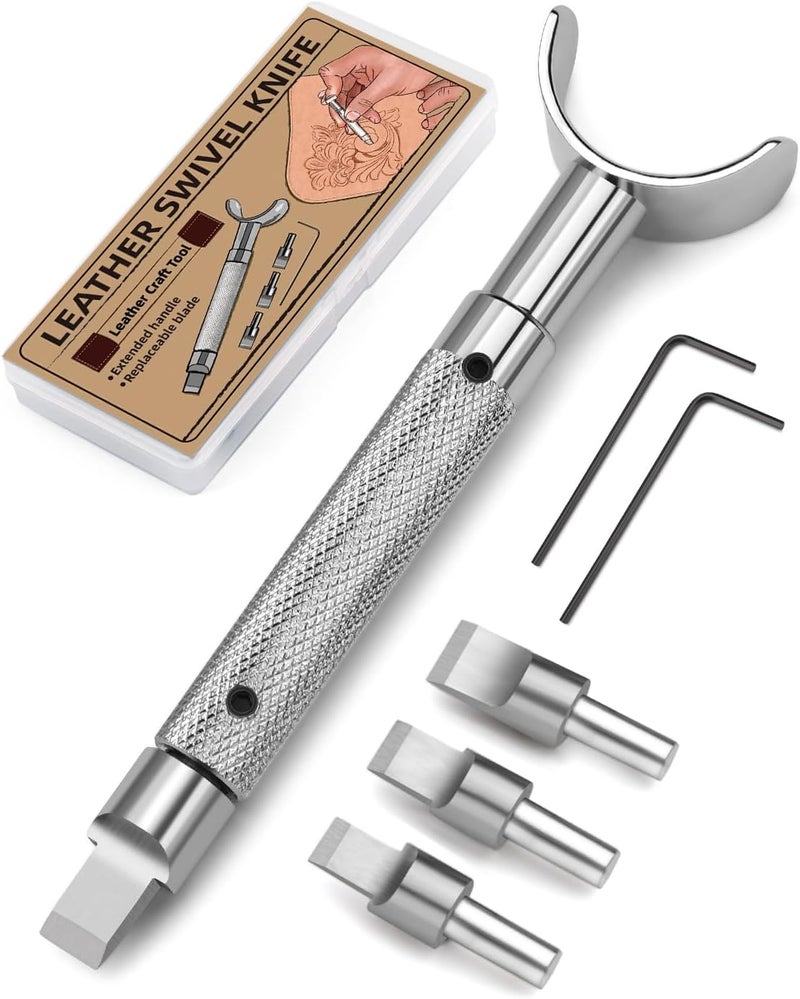 FOUSNOW Leather Swivel Knife, Leather Engraving Knife with Extended Handle, 3 Replaceable Blades for Engraving and Stamping, Professional Diy Craft Tool - Image 1